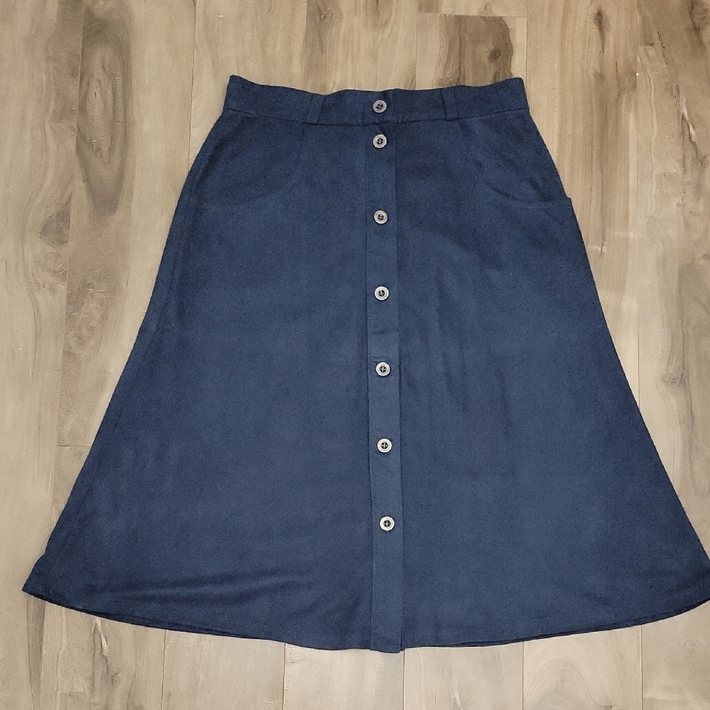 Navy Blue Button-Front A-Line Skirt With Pockets Size Small